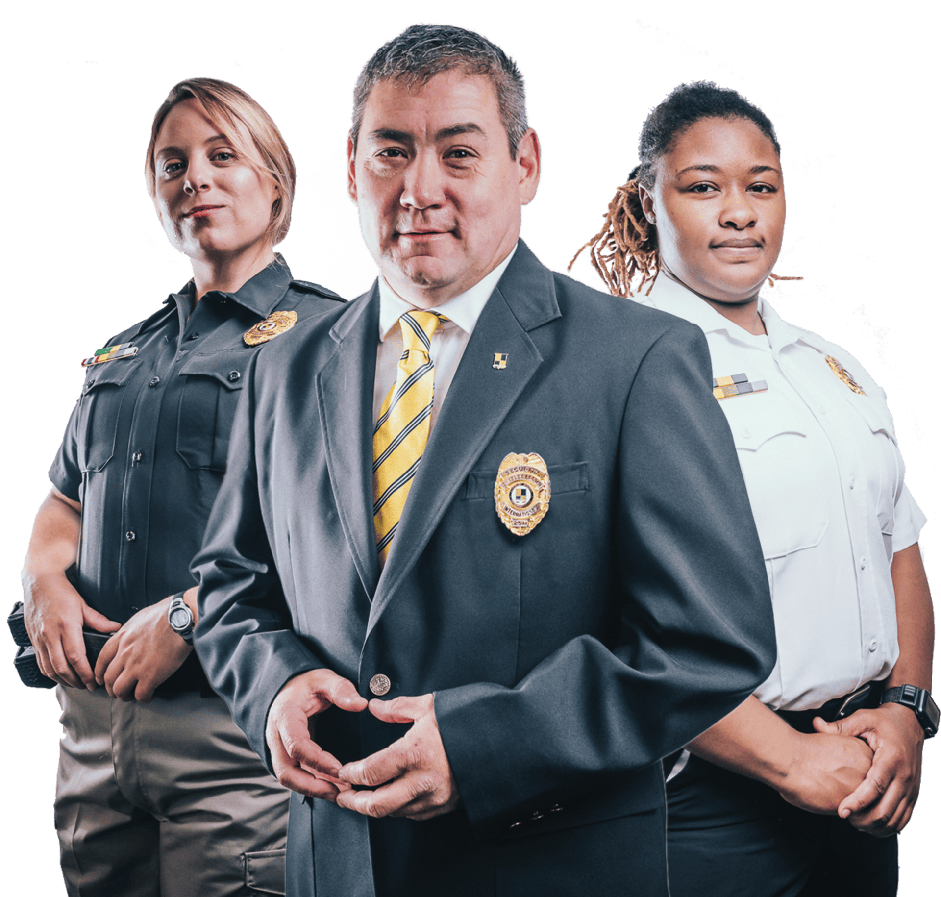 An image showing three security officers in uniform smiling at camera. Choosing the best security companies in dallas texas is a tough job. Chesley Brown makes it easy.