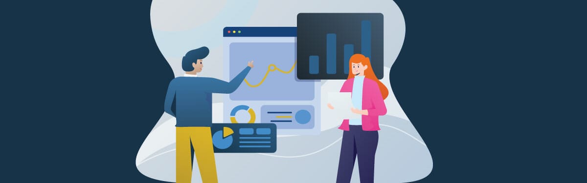 Graphic of two people Looking at charts and graphs representing a risk assessment