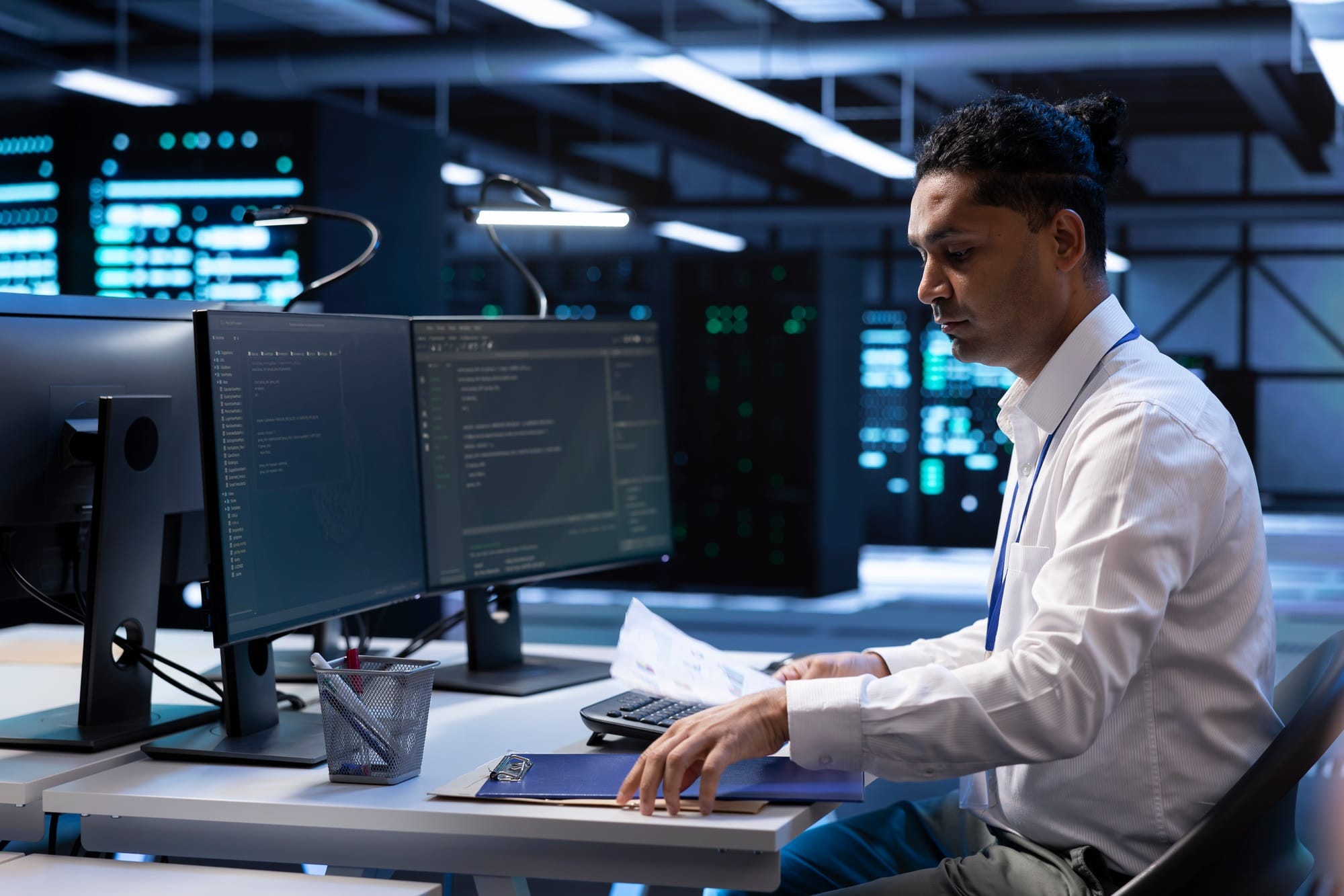 An IT employee conducting Security audits for compliance, workplace security audit, regulatory compliance checklist, audit preparation